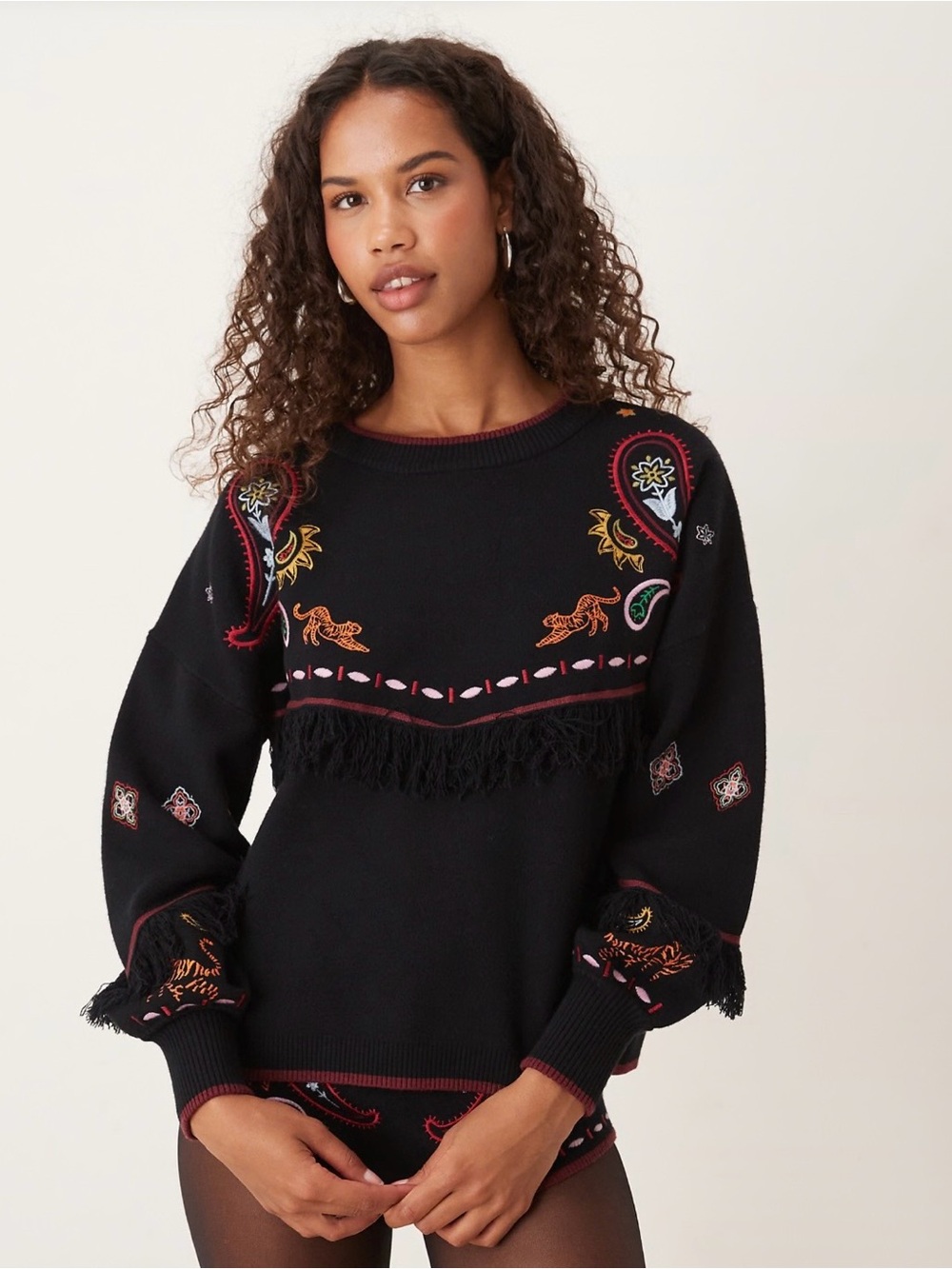 Never Fully Dressed Black Embroidered Fringe Sweater